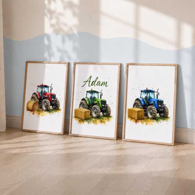 Kids Tractor Prints - Set Of 3 Personalised Nursery Wall Art, Boys Farm Bedroom Posters - image 1
