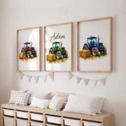 Kids Tractor Prints - Set Of 3 Personalised Nursery Wall Art, Boys Farm Bedroom Posters - thumbnail 2