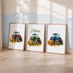 Kids Tractor Prints - Set Of 3 Personalised Nursery Wall Art, Boys Farm Bedroom Posters - thumbnail 1