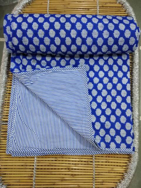 "Blue Cotton Quilt Handmade Reversible Jaipuri Block Print Blanket - 90""x108" - image 1