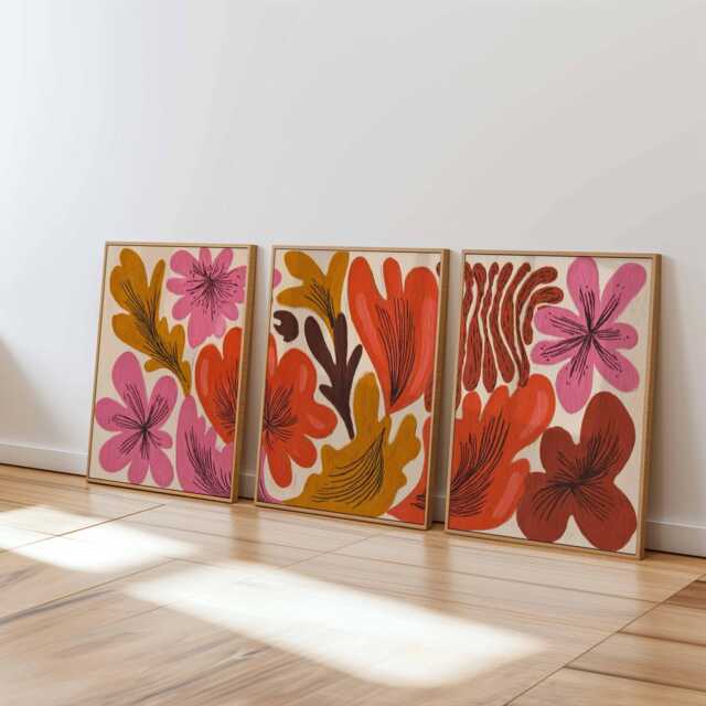 Retro Floral Wall Art Set Of 3, Mid Century Modern Flower Prints, Abstract Botanical Posters in Pink, Orange & Mustard - image 1
