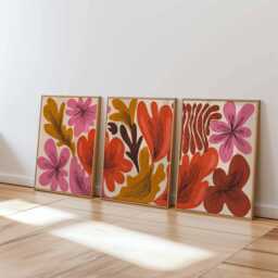Retro Floral Wall Art Set Of 3, Mid Century Modern Flower Prints, Abstract Botanical Posters in Pink, Orange & Mustard - thumbnail 1