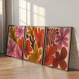 Retro Floral Wall Art Set Of 3, Mid Century Modern Flower Prints, Abstract Botanical Posters in Pink, Orange & Mustard - thumbnail 2