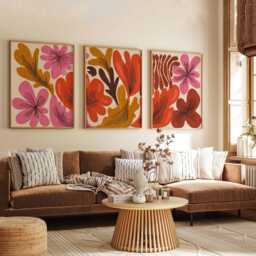Retro Floral Wall Art Set Of 3, Mid Century Modern Flower Prints, Abstract Botanical Posters in Pink, Orange & Mustard - thumbnail 3