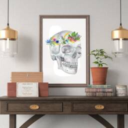 Human Skull With Flower Wreath Print Anatomy Wall Art, Watercolor Print, Floral Body Illustration - thumbnail 2