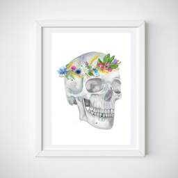 Human Skull With Flower Wreath Print Anatomy Wall Art, Watercolor Print, Floral Body Illustration - thumbnail 1