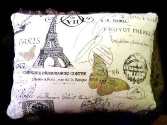 French Stamp Pillow Cover Eiffel Tower & Butterfly Design - image 1