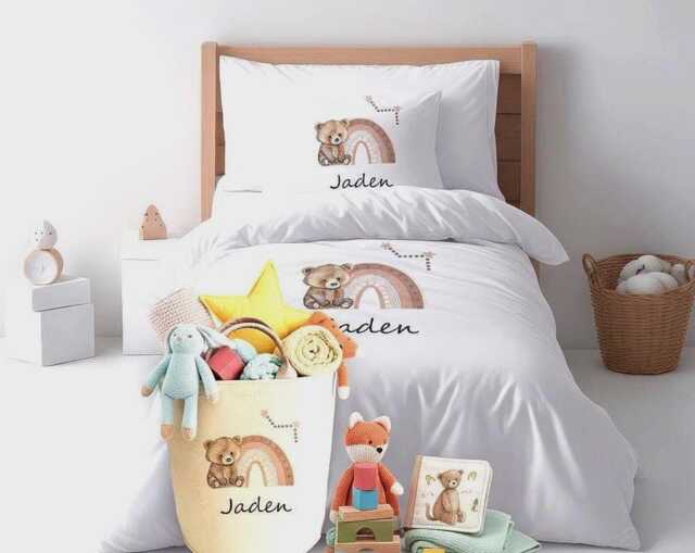 Personalised Bear Rainbow Kids Custom Bedding Set Basket Cushion Microfiber Duvet Cover Pillowcase - image 1
