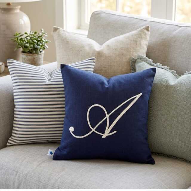 Personalized Monogram Throw Pillow, Blue Coastal Cotton Accent Cushion, Gift For Mom - image 1