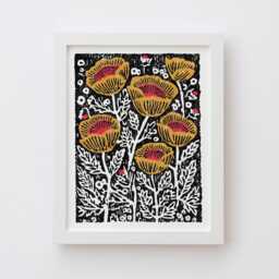 Poppies Art Print - Vintage Inspired Floral Linocut Block Print Style Poster, Archival Fine Art Print. Cute Nature Flowers Folk Gift - thumbnail 1
