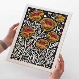 Poppies Art Print - Vintage Inspired Floral Linocut Block Print Style Poster, Archival Fine Art Print. Cute Nature Flowers Folk Gift - thumbnail 3