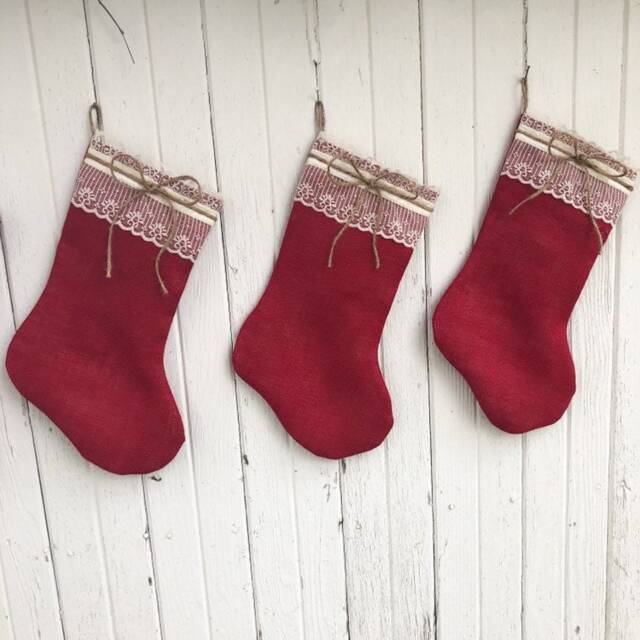 Red Burlap & Lace Christmas Stocking-Personalize With A Name-Shabby Chic-Natural/Folk/Country/Rustic-Burlap Decor-Farmhouse - image 1