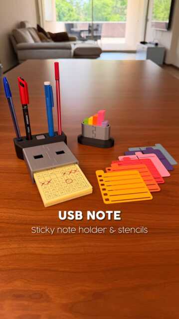 Usb Sticky Note Holder Desk Organizer, 3D Printed Post It Dispenser With Stencils & Hidden Storage - image 1