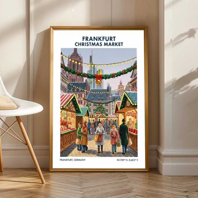 Frankfurt Christmas Market Print - Red & Green, Yellow Blue Art - European Holiday Scene Living Room, Dining Room Decor - image 1