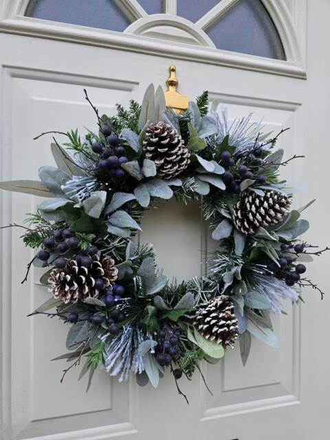 Snowy Christmas Wreath For Front Door With Artificial Blueberries, Winter Foliage & Natural Pinecones - image 1