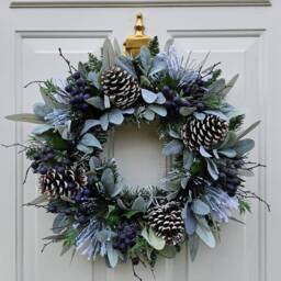 Snowy Christmas Wreath For Front Door With Artificial Blueberries, Winter Foliage & Natural Pinecones - thumbnail 2