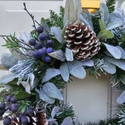 Snowy Christmas Wreath For Front Door With Artificial Blueberries, Winter Foliage & Natural Pinecones - thumbnail 3