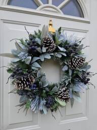 Snowy Christmas Wreath For Front Door With Artificial Blueberries, Winter Foliage & Natural Pinecones - thumbnail 1