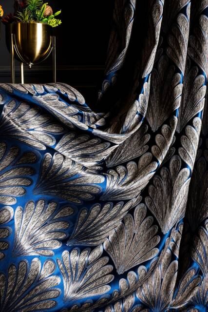 Navy Blue Leaf Curtains Striped Luxury Drapes, Custom Size - image 1