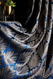 Navy Blue Leaf Curtains Striped Luxury Drapes, Custom Size - thumbnail 1
