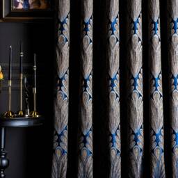 Navy Blue Leaf Curtains Striped Luxury Drapes, Custom Size - thumbnail 3