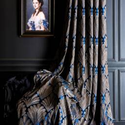 Navy Blue Leaf Curtains Striped Luxury Drapes, Custom Size - thumbnail 4