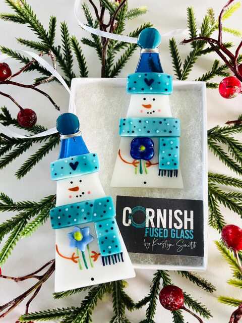 Beautiful Fused Glass Snowman Christmas Decoration, Snowman Cornish Glass - image 1