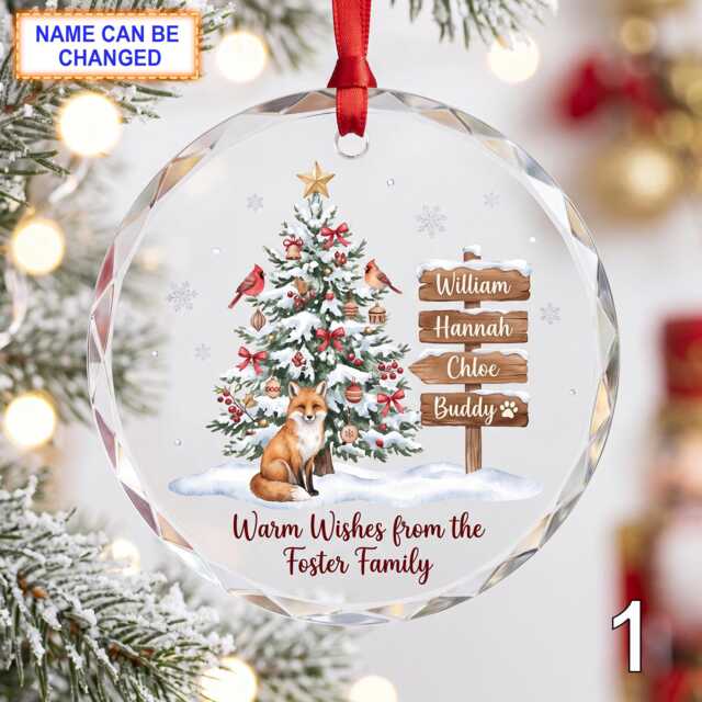 Personalized Christmas Glass Ornament, Custom Holiday Tree Keepsake With Evergreen Tree, Wooden Name Signs & Snowy Window Scene - image 1
