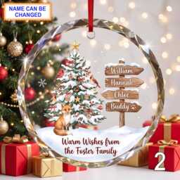Personalized Christmas Glass Ornament, Custom Holiday Tree Keepsake With Evergreen Tree, Wooden Name Signs & Snowy Window Scene - thumbnail 2