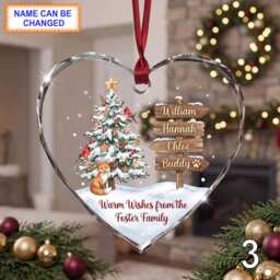 Personalized Christmas Glass Ornament, Custom Holiday Tree Keepsake With Evergreen Tree, Wooden Name Signs & Snowy Window Scene - thumbnail 3