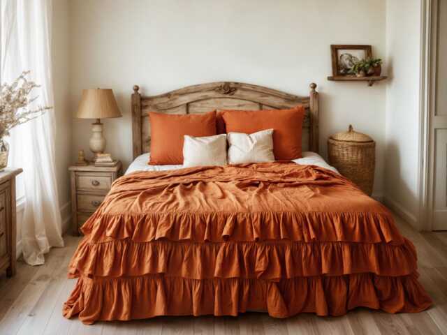 Carrot Triple Ruffles Soft Linen Bedding Set King Queen Duvet Cover With 2 Pillowcases Three Comforter - image 1