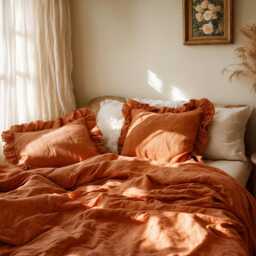 Carrot Triple Ruffles Soft Linen Bedding Set King Queen Duvet Cover With 2 Pillowcases Three Comforter - thumbnail 3