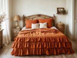 Carrot Triple Ruffles Soft Linen Bedding Set King Queen Duvet Cover With 2 Pillowcases Three Comforter