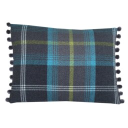 Balmoral Tartan Plaid Throw Pillow Cover Teal, Black, Grey With Pompom Trim - thumbnail 2