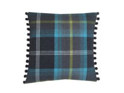 Balmoral Tartan Plaid Throw Pillow Cover Teal, Black, Grey With Pompom Trim - thumbnail 1