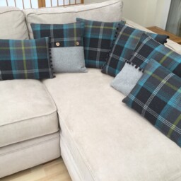 Balmoral Tartan Plaid Throw Pillow Cover Teal, Black, Grey With Pompom Trim - thumbnail 3