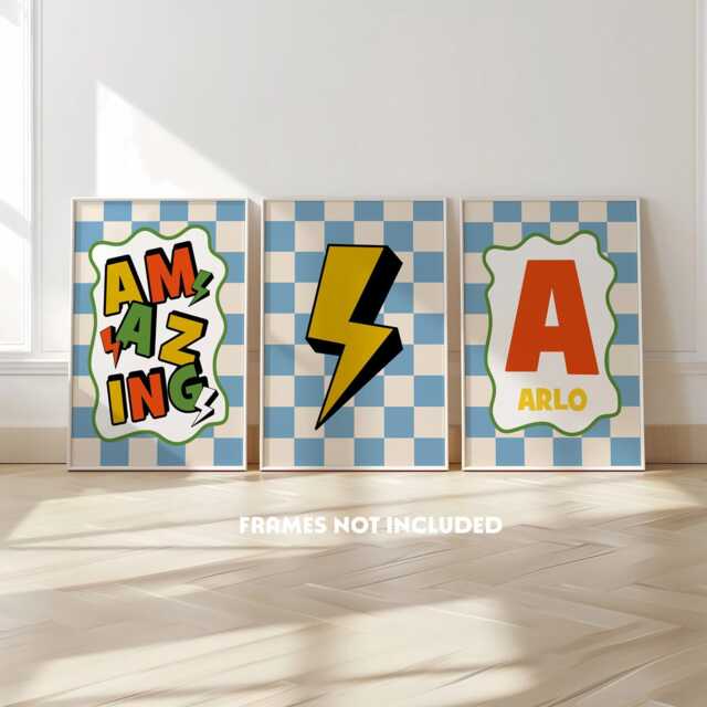 Boys Initial Print, Set Of 3, Blue Bedroom, Retro Prints, Checkerboard, Cool Kids Toddler Wall Art, Playroom Decor, Nursery - image 1