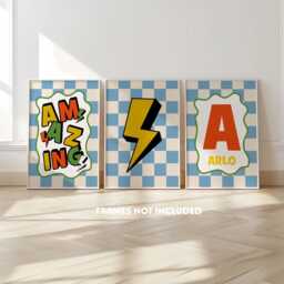 Boys Initial Print, Set Of 3, Blue Bedroom, Retro Prints, Checkerboard, Cool Kids Toddler Wall Art, Playroom Decor, Nursery - thumbnail 1