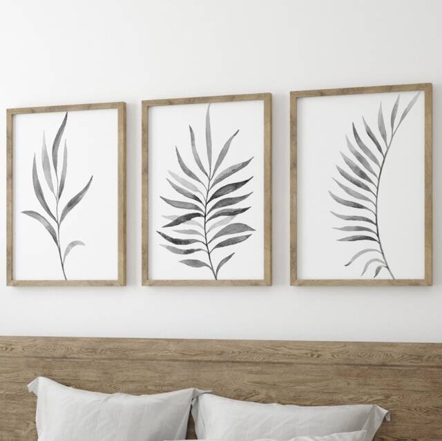 Grey Ferns Botanical Leaves Set Of 3 Unframed Wall Print, Home Decor, Art, Leaf Bathroom Decor - image 1