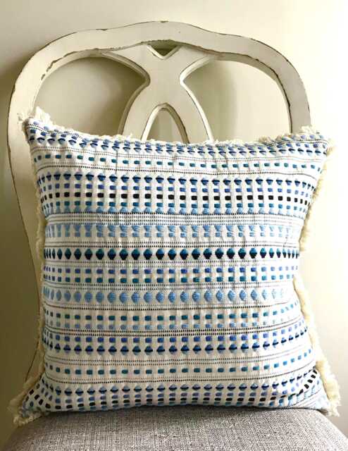 Set Of 2 Embroidered Blue Throw Pillow Cover Beaded Fringe Edges - image 1
