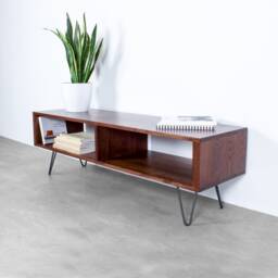 "Large Tv Media Stand Or Coffee Table With Storage On Mid Century Hairpin Legs, Dark Ash ""Henley" - thumbnail 3