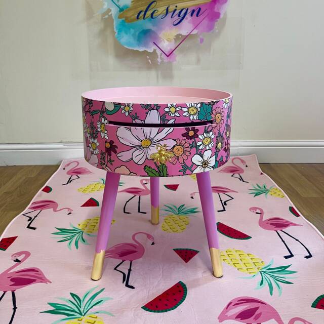 Pink Round Side Table With Floral Design. Inbuilt Drawer & Three Legs Bee Handle. Boho Decor. Flower Wooden Nightstand - image 1
