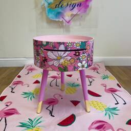 Pink Round Side Table With Floral Design. Inbuilt Drawer & Three Legs Bee Handle. Boho Decor. Flower Wooden Nightstand - thumbnail 1