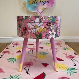 Pink Round Side Table With Floral Design. Inbuilt Drawer & Three Legs Bee Handle. Boho Decor. Flower Wooden Nightstand - thumbnail 3