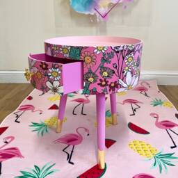 Pink Round Side Table With Floral Design. Inbuilt Drawer & Three Legs Bee Handle. Boho Decor. Flower Wooden Nightstand - thumbnail 2