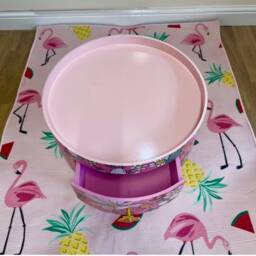 Pink Round Side Table With Floral Design. Inbuilt Drawer & Three Legs Bee Handle. Boho Decor. Flower Wooden Nightstand - thumbnail 4