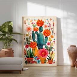Mexican Art, Colourful Floral Wall Print, Poster, Art Cactus Vintage Retro Poster - thumbnail 2