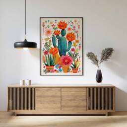 Mexican Art, Colourful Floral Wall Print, Poster, Art Cactus Vintage Retro Poster - thumbnail 1