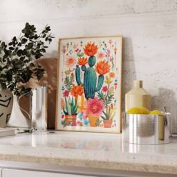 Mexican Art, Colourful Floral Wall Print, Poster, Art Cactus Vintage Retro Poster - thumbnail 3