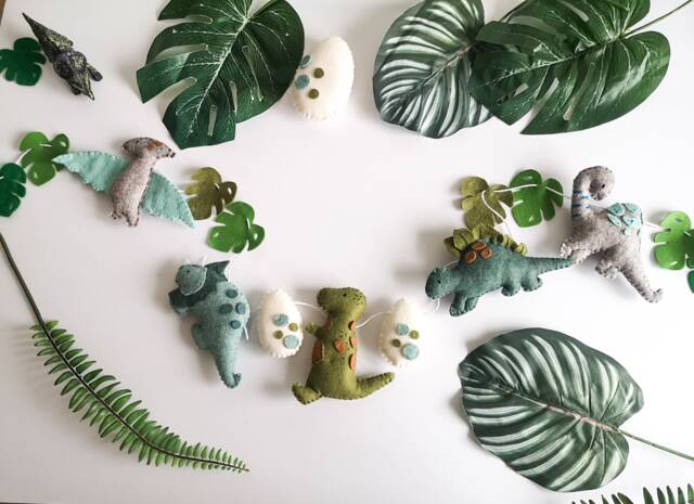 Felt Dinosaur Garland, Room Decor, Themed Bedroom, Blue & Green Bunting, Dino Wall Decorations - image 1